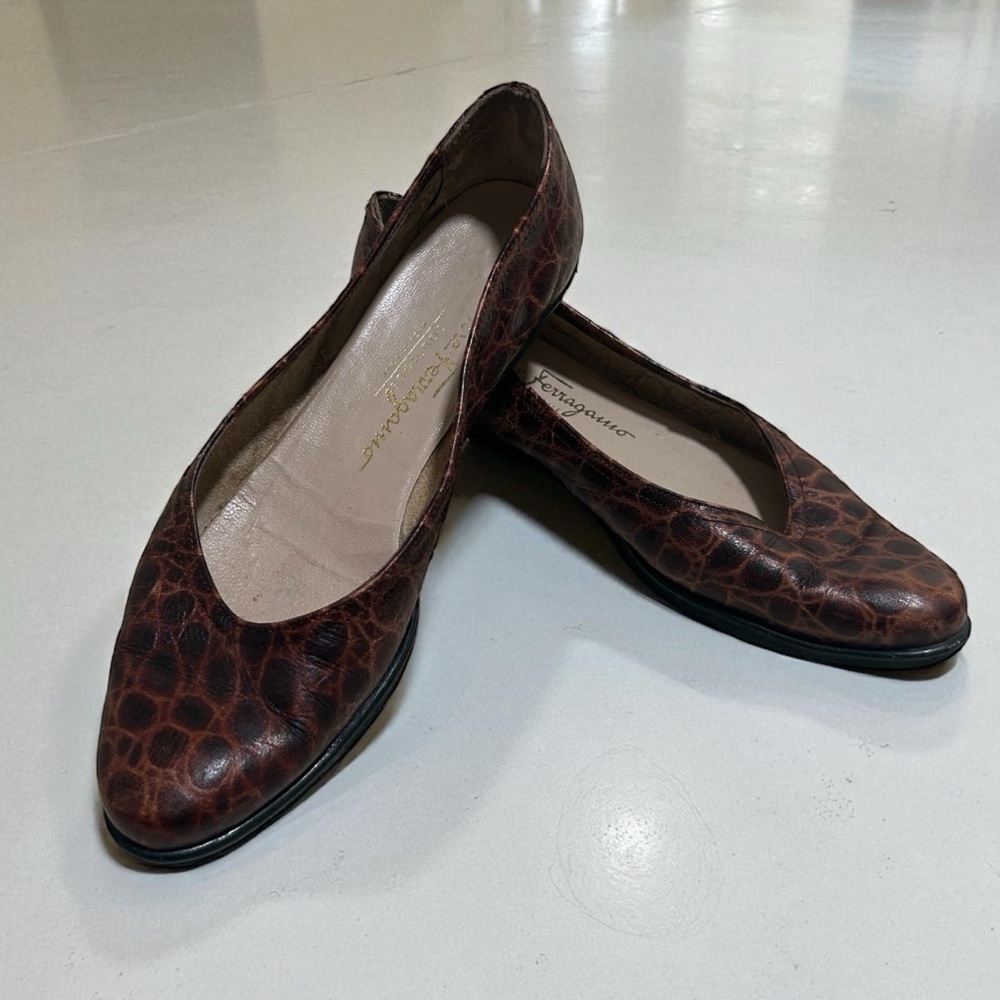 Salvatore Ferragamo leather, animal print flats.  Made in Italy. Size 6 AA